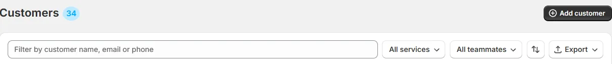 Customers toolbar with search, filters, sort and export