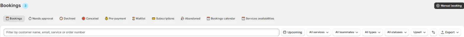 Bookings page header with the tab strip and the toolbar visible, no customer rows