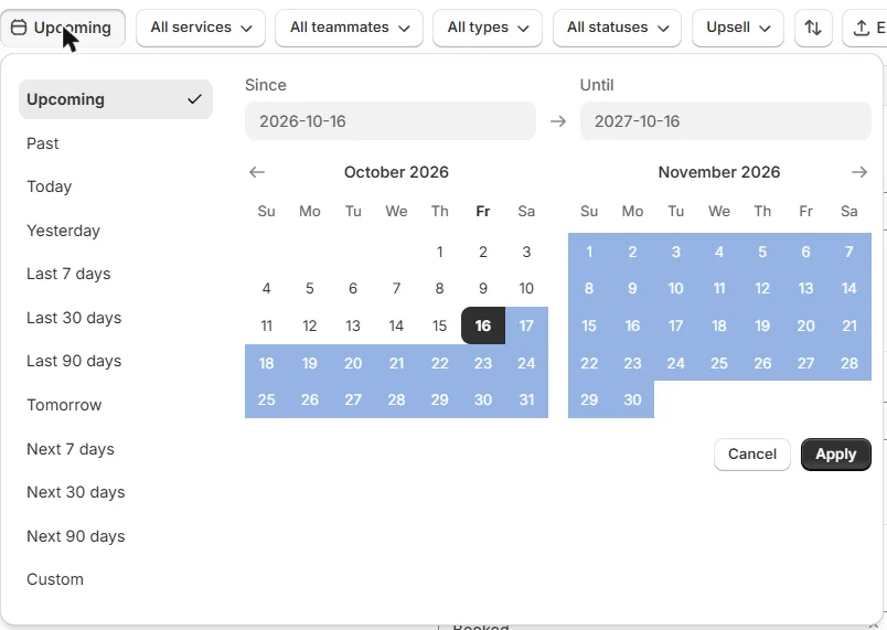 The date range popover open, showing the list of periods and the two month calendars