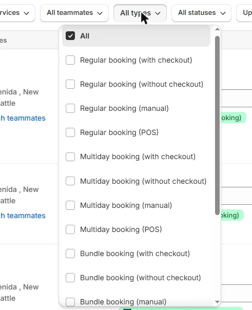 The All types filter open, showing the 16 type options