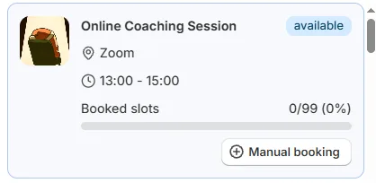 A slot card in the Services availabilities tab showing the Manual booking button, with no customer data