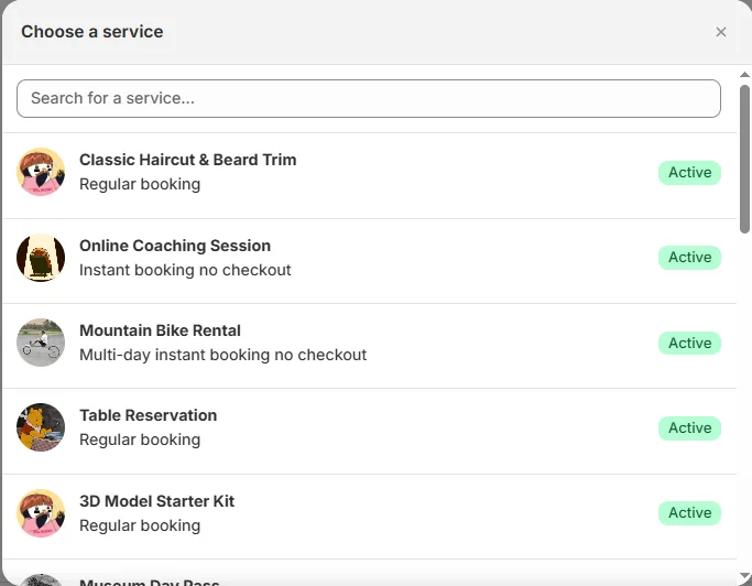 The Choose a service window that opens when you click Manual booking