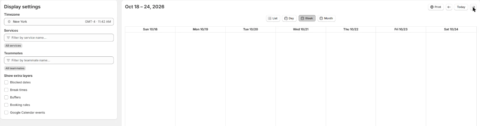 Bookings calendar tab in Week view, with the Display settings panel on the left, cropped so booking cards show no customer names