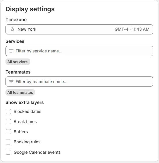 The Display settings panel with the five Show extra layers checkboxes visible