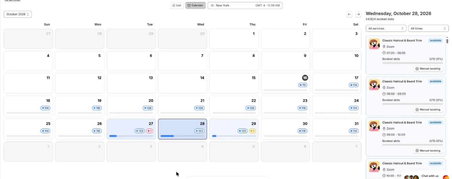 Services availabilities tab in Calendar view with a day selected and the right panel showing slot cards