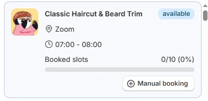 A slot card in the right panel showing service, time, available badge, Booked slots bar and the Manual booking button