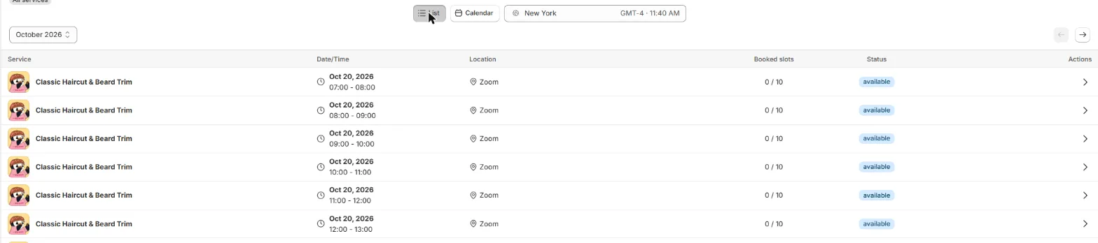 The List view with its columns Service, Date/Time, Location, Booked slots, Status and Actions