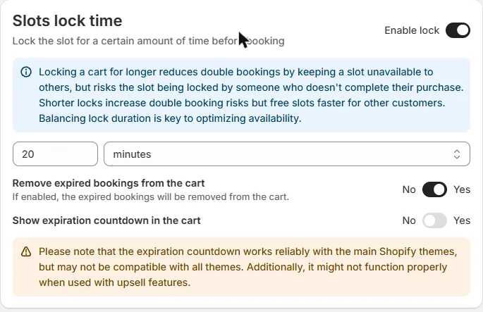 The Slots lock time card in the Advanced tab of a Regular service