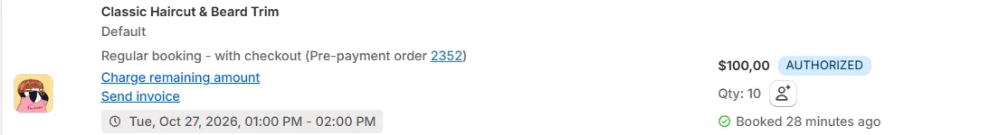 One pre-payment booking row cropped to the Booking info and Price & Qty columns, showing the two links and the AUTHORIZED badge, without the Customer column