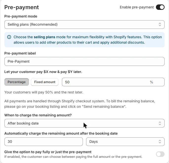 The Pre-payment card in the Payment tab showing the mode, the percentage, and the When to charge the remaining amount settings