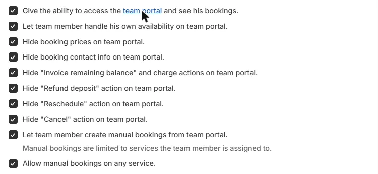 The Permissions tab of a teammate showing the Team portal permissions card with the 10 checkboxes and the Send magic link button, cropped to exclude the teammate's name and email