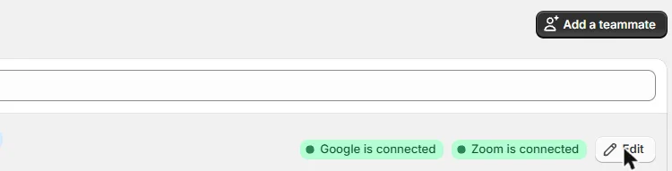 The Team members page with the Add a teammate button, and the admin row with the Cowlendar admin and connection badges, names and emails cropped out