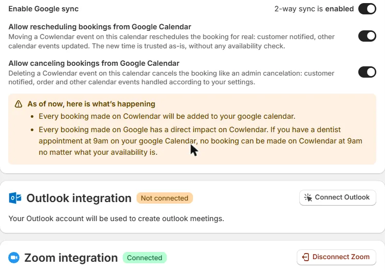 The General tab showing the Google, Outlook and Zoom integration cards, with all emails cropped out or hidden
