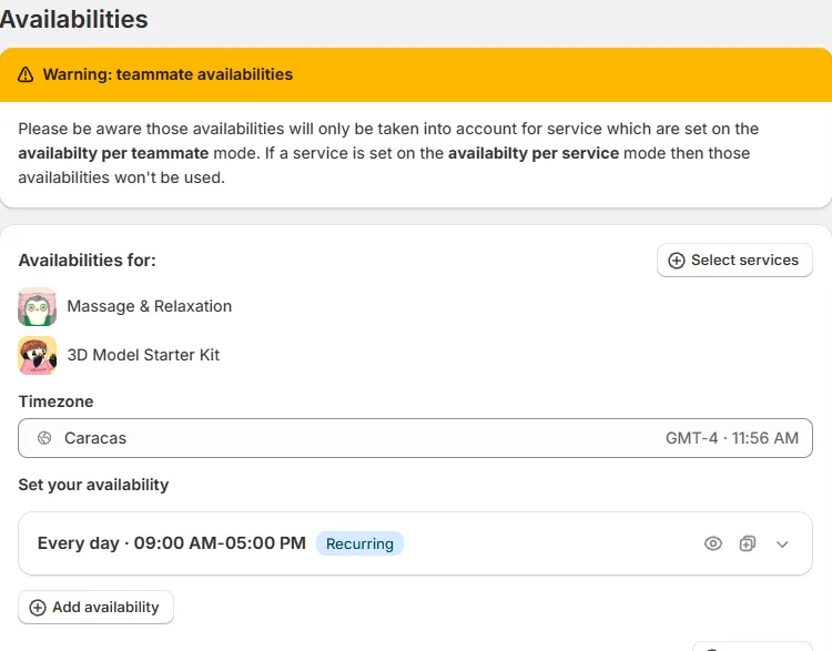 The Availabilities tab with the yellow warning banner and one block expanded