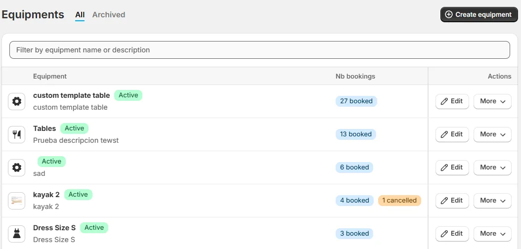 The Equipments list with the All and Archived tabs, the Create equipment button and several rows, no customer data