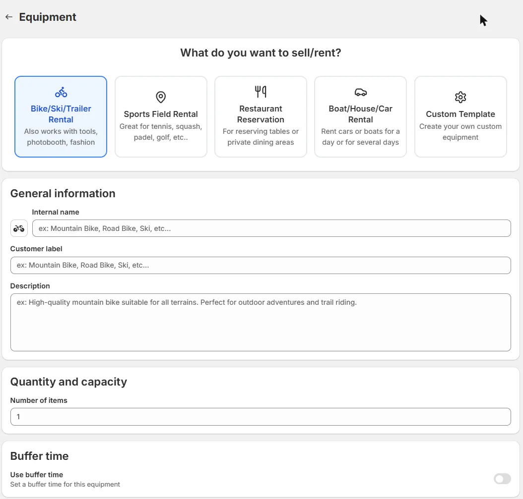 The Create equipment page
