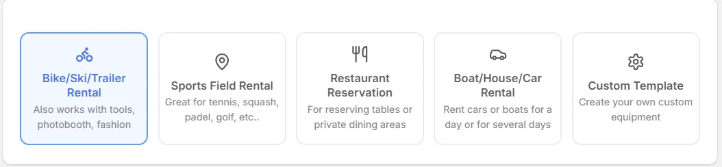 The template picker at the top of the Edit page of an equipment, showing the five template cards