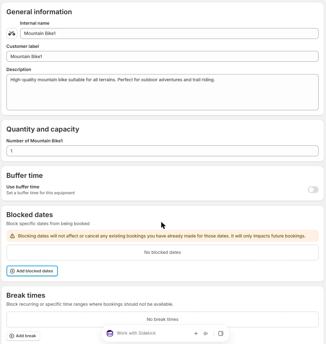 The Edit page of one equipment showing General information, Quantity and capacity, Buffer time, Blocked dates and Break times