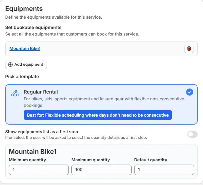 The Equipments card in the Availability tab of a Multiday service, showing Set bookable equipments, Pick a template, the switch and the quantity inputs