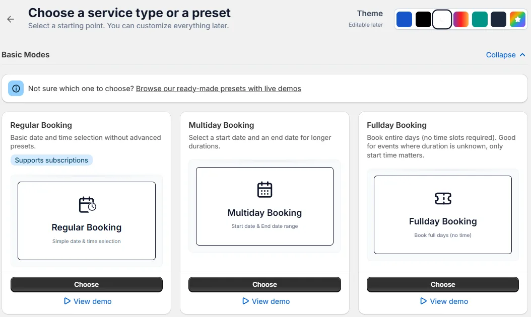 The New service page showing the Basic Modes cards at the top