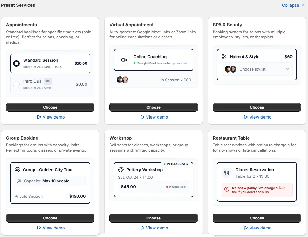 The Preset Services section of the New service page, showing several preset cards