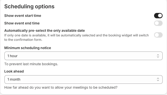 The Scheduling options card of a Fullday service