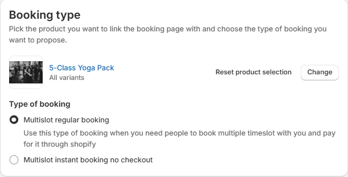 The General tab of a Bundle service showing the Type of booking radios