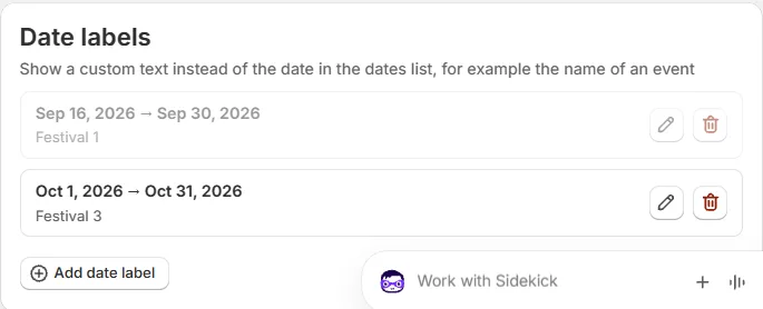 The Date labels card with two labels listed