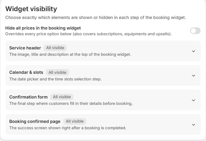 The Widget visibility card with the Hide all prices switch and the groups collapsed, showing the badges All visible or N hidden