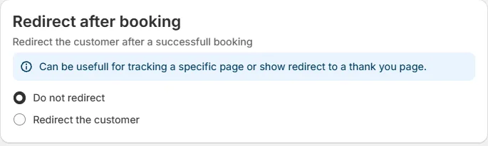 The Redirect after booking card with the two options Do not redirect and Redirect the customer