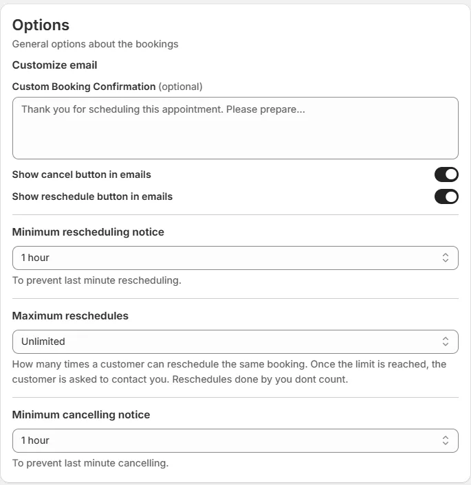 The Options card in the Advanced tab with the two Show buttons switches and the three dropdowns