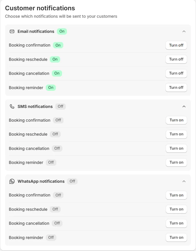The Customer notifications card with the three groups open and the four rows each
