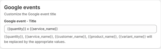 The Google events card with the title field showing the default value
