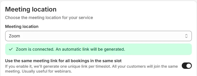 The Meeting location card of a service connected to Zoom