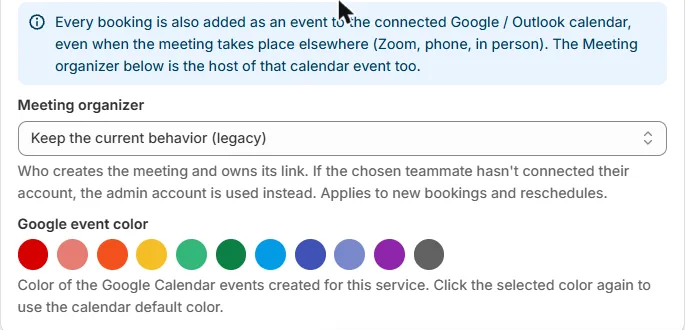 The Meeting organizer dropdown area and the Google event color swatches in the Meeting location card