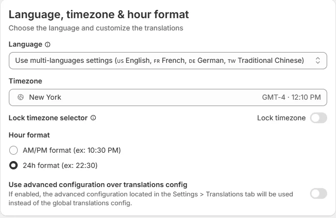 The Language, timezone & hour format card in the Customization tab