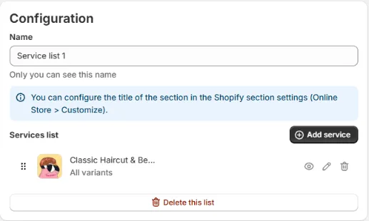 The Configuration card with the Services list and the Add service button