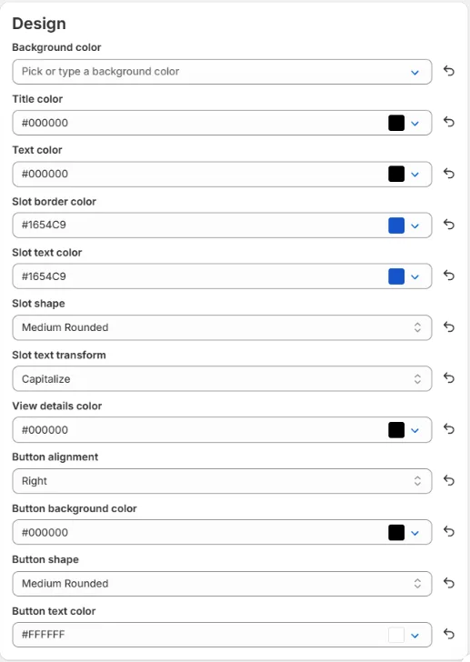The Design card with the color fields