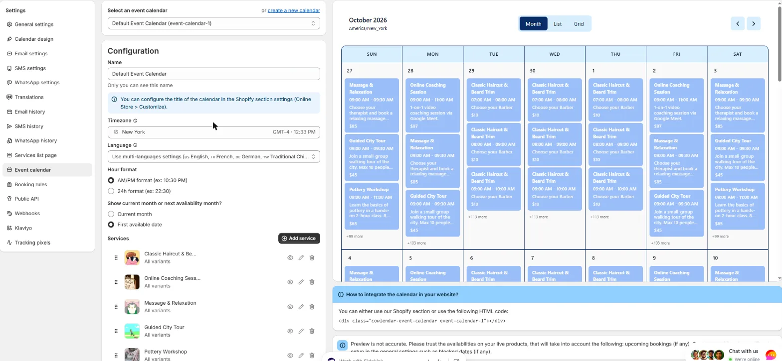 The Event calendar settings page showing the Configuration card and the live preview