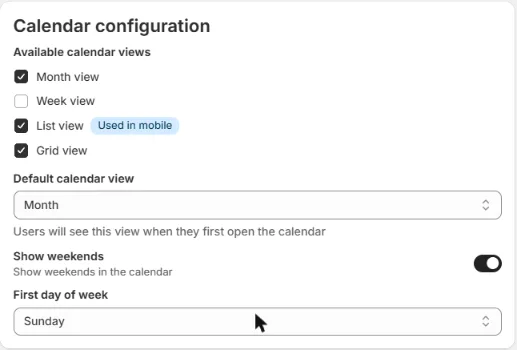 The Calendar configuration card with the view checkboxes