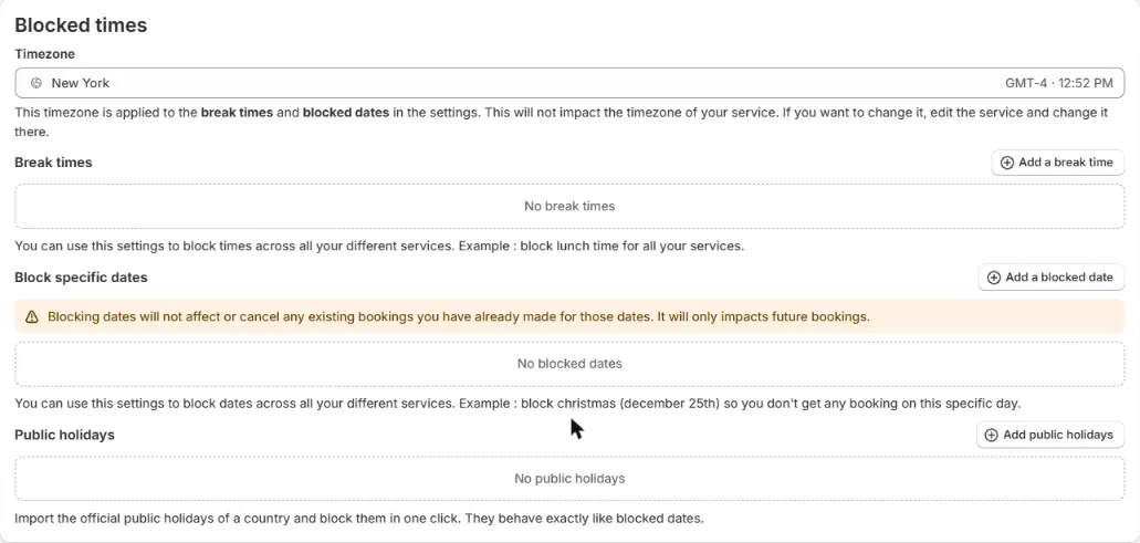 The Blocked times card with Break times, Block specific dates and Public holidays