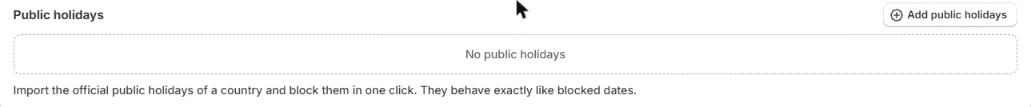The Public holidays section inside the Blocked times card with the Add public holidays button