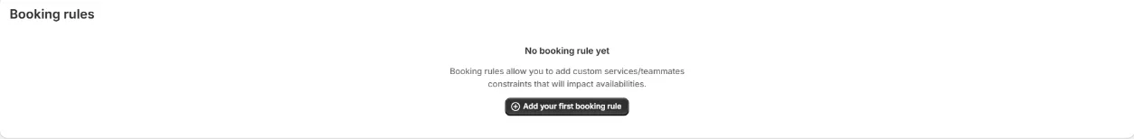 The Booking rules page showing the empty state and the Add your first booking rule button