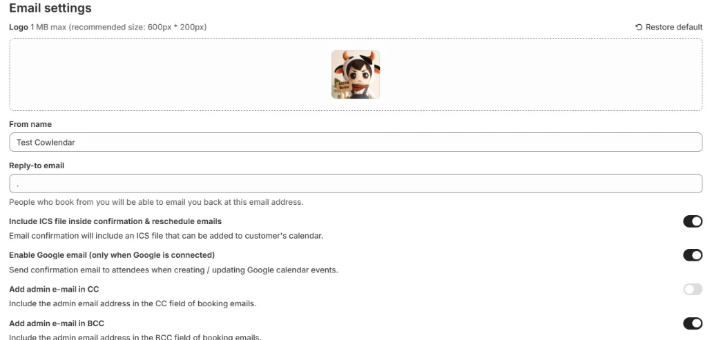 The Email settings card with Logo, From name, Reply-to email and the four switches, with the email addresses hidden or cropped