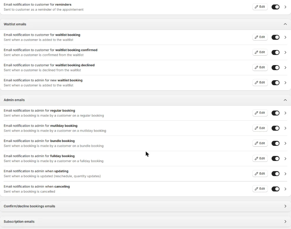 The groups of emails showing titles, descriptions, Edit buttons and switches