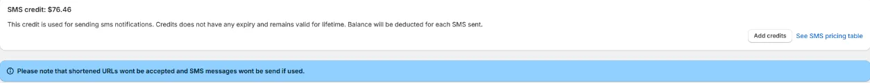 The top card of SMS settings with the balance, Add credits and See SMS pricing table, store credit amount visible