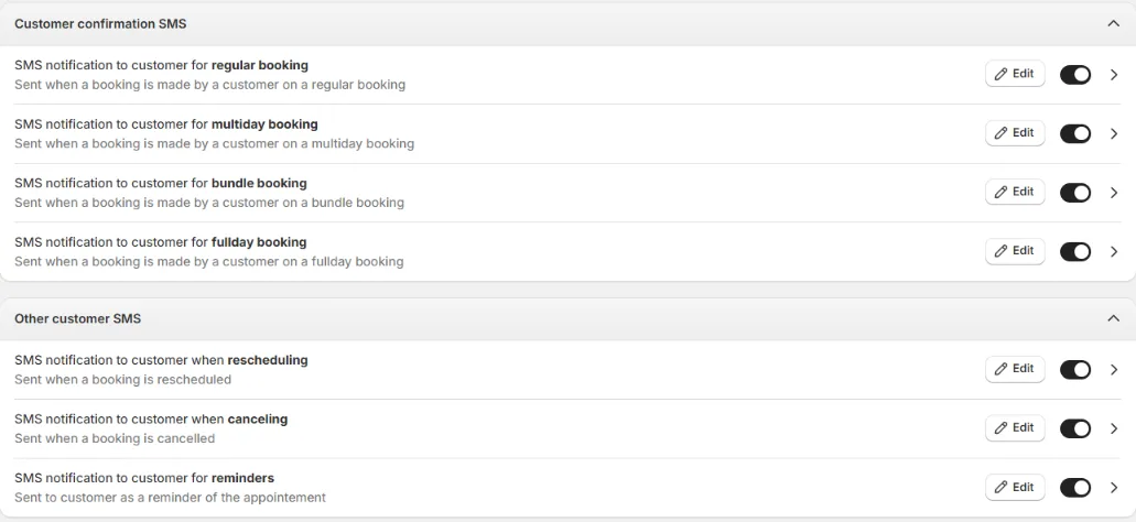The list of customer confirmation messages and other customer messages with switches and Edit buttons