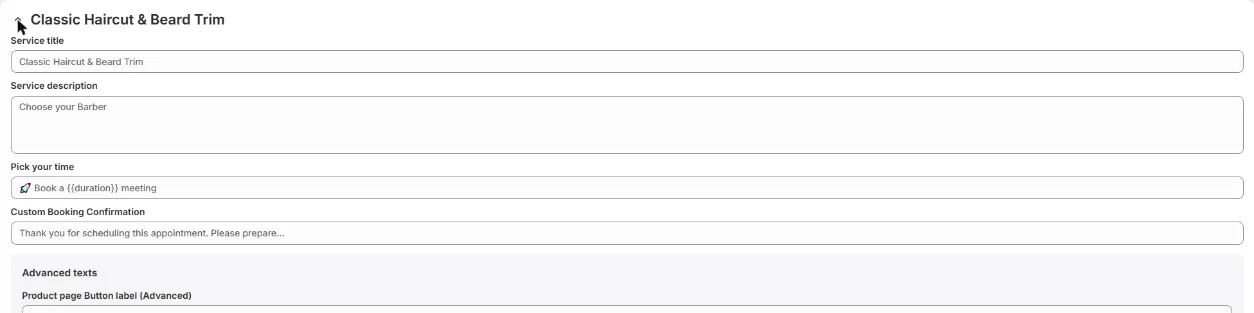 The Services translation tab with one service expanded, showing Service title, Service description, Pick your time and Custom Booking Confirmation