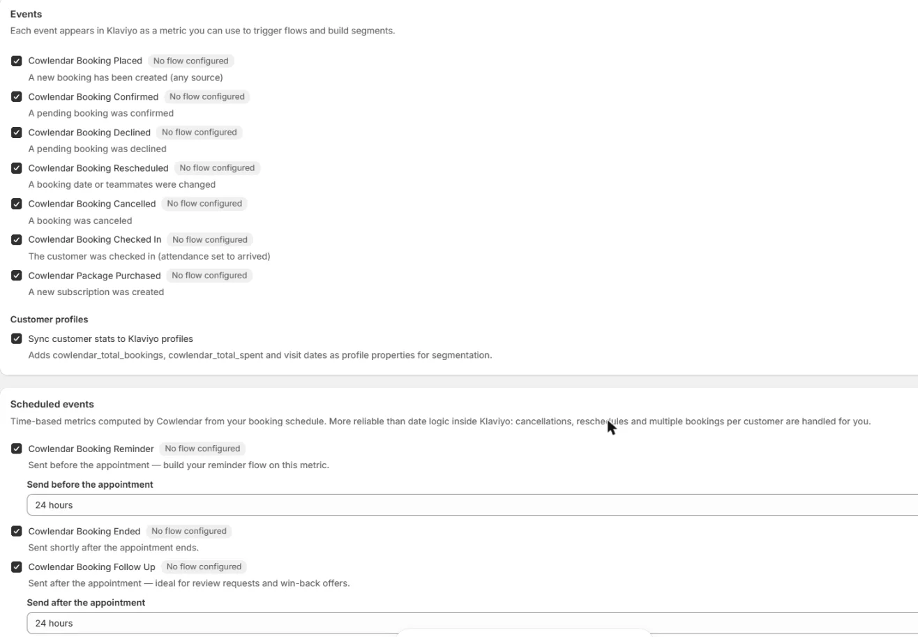 The Events card and the Scheduled events card with their checkboxes and time selectors