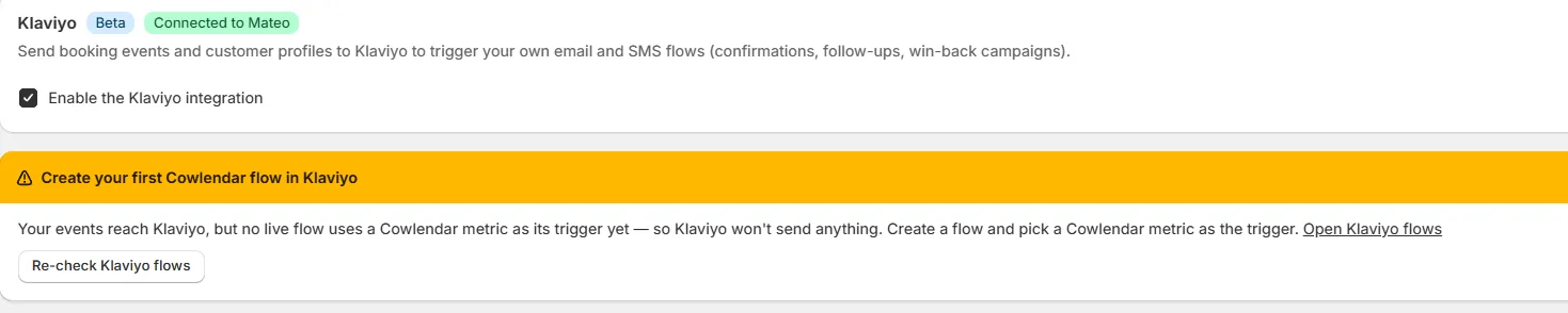 Top of the Klaviyo page with the Beta badge, the Connected badge and the Enable the Klaviyo integration checkbox